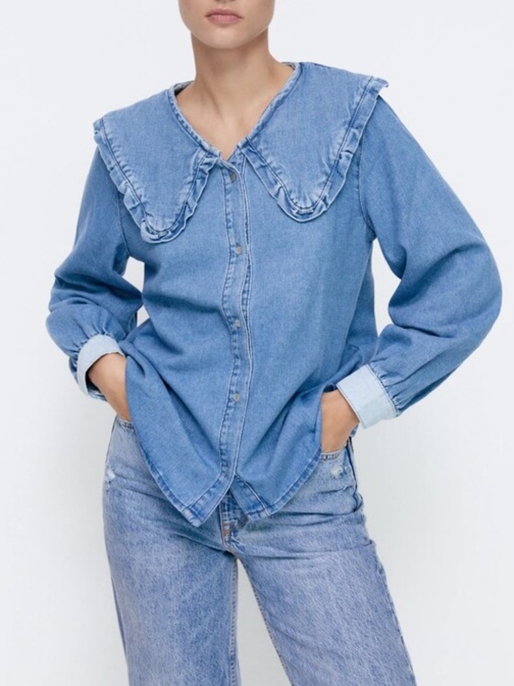 Zara Blue Denim Ruffled Collar Button-Front Top